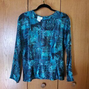 Tess Women's blouse buttons in back long sleeve Size 12 Aqua Blue& Black Beautif
